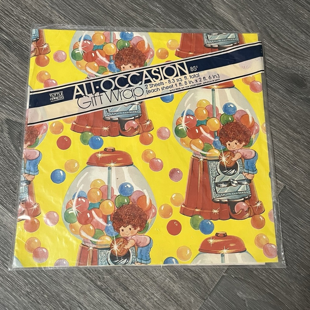 Vintage 80s Papercraft Gift Wrap Paper Gumball Machine New! Yellow, Red